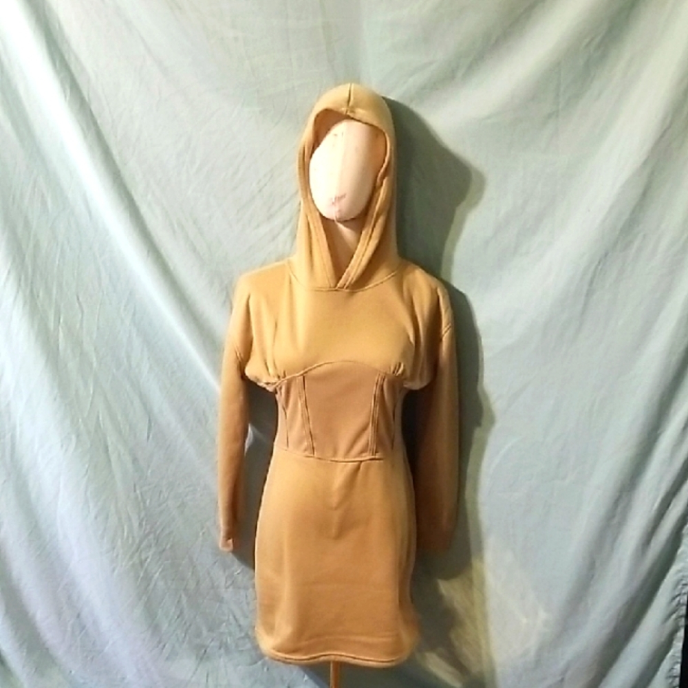 Tan Hooded Dress With Corset Waist